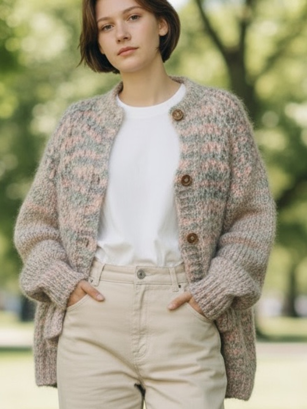 HANDMADE OVERSIZED VARIEGATED CHUNKY KNIT CARDIGAN WOOD BUTTONS COTTAGECORE SZ L
